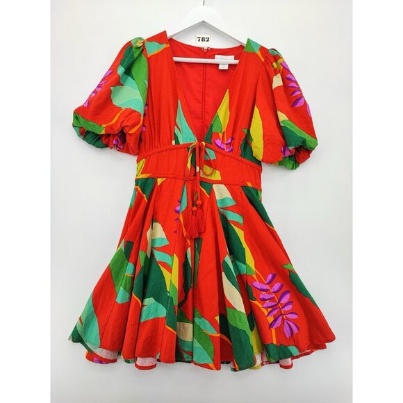 House Of Harlow 1960 Women’s Red Floral Fit & Flare Puff Sleeve Dress Size 4 - Picture 1 of 10